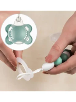 Schnullerkette mit Silikon-Perlen & Gummiring in gruen,grau
