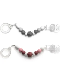 Schnullerkette mit Silikon-Perlen & Gummiring in rosa,grau