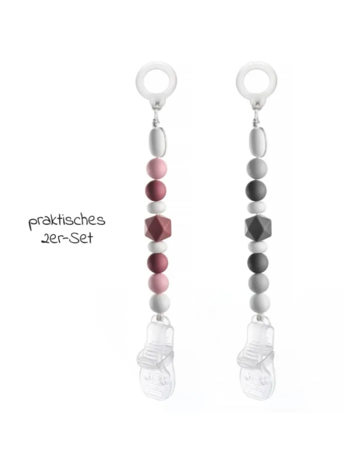 Schnullerkette mit Silikon-Perlen & Gummiring in rosa,grau