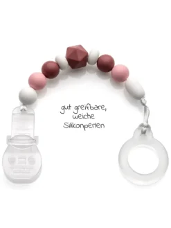 Schnullerkette mit Silikon-Perlen & Gummiring in rosa,grau