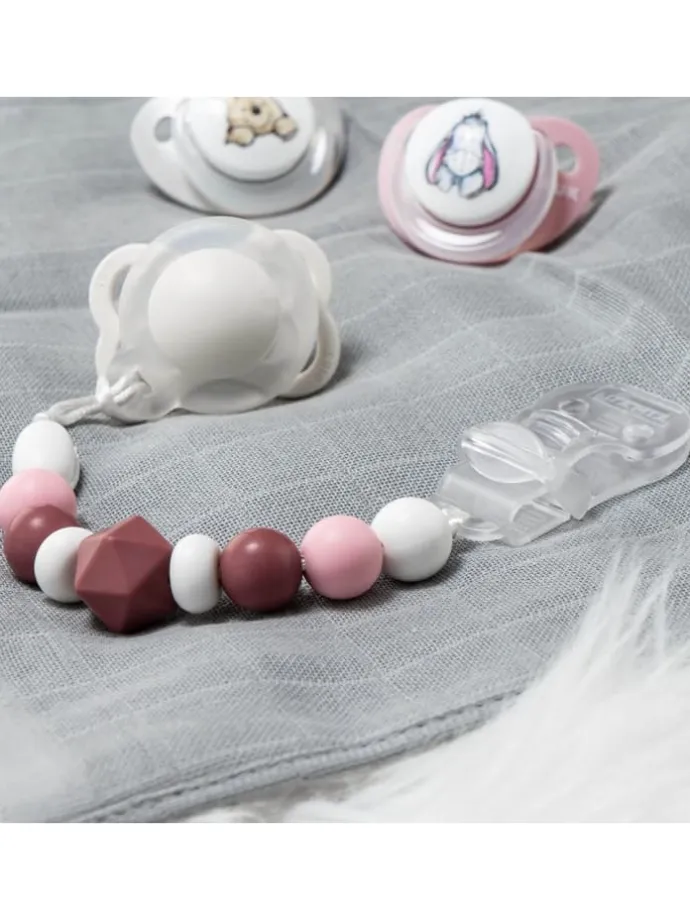 Schnullerkette mit Silikon-Perlen & Gummiring in rosa,grau