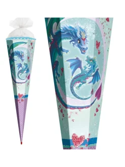 Schultüte groß Drachenliebe 85 cm, Glitter Pailettenborte in Hellblau