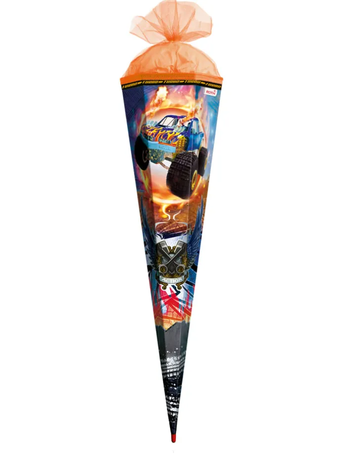 Schultüte groß Monstertruck Fire85 cm, Spezialborte Glanz in Orange