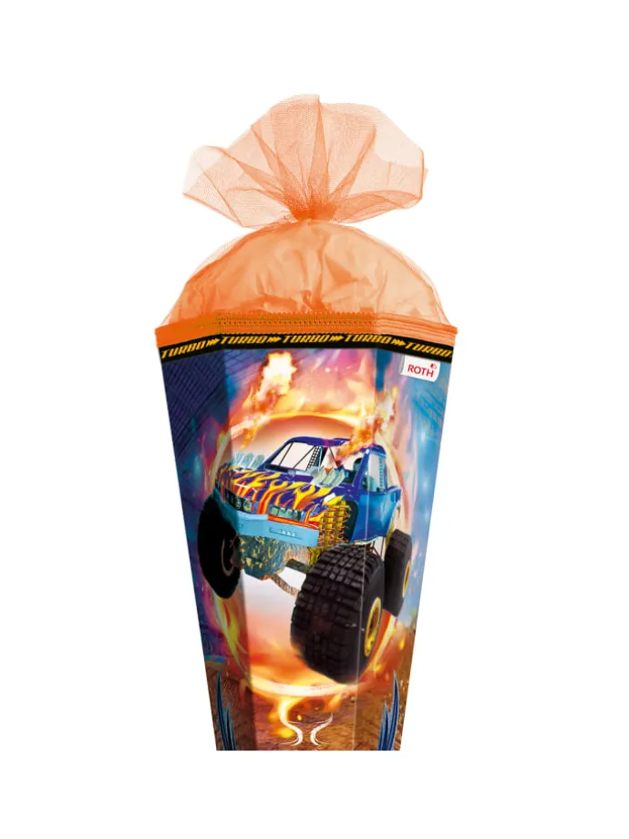 Schultüte groß Monstertruck Fire85 cm, Spezialborte Glanz in Orange