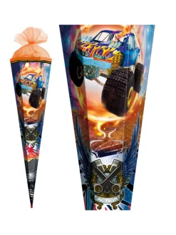 Schultüte groß Monstertruck Fire85 cm, Spezialborte Glanz in Orange