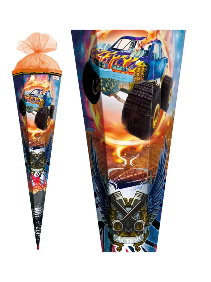 Schultüte groß Monstertruck Fire85 cm, Spezialborte Glanz in Orange