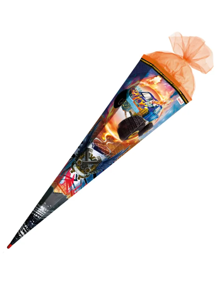 Schultüte groß Monstertruck Fire85 cm, Spezialborte Glanz in Orange