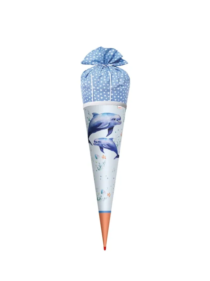 Schultüte Lieblingsstück Delfin Duo 70 cm, Stoffverschluss in Hellblau