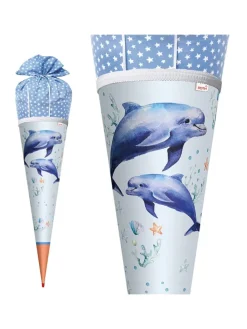 Schultüte Lieblingsstück Delfin Duo 70 cm, Stoffverschluss in Hellblau