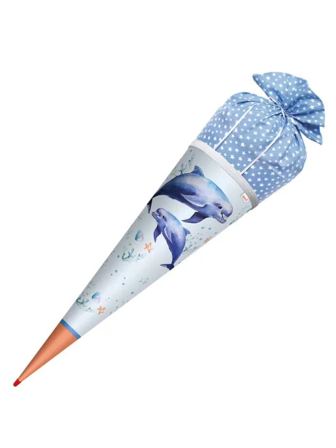 Schultüte Lieblingsstück Delfin Duo 70 cm, Stoffverschluss in Hellblau