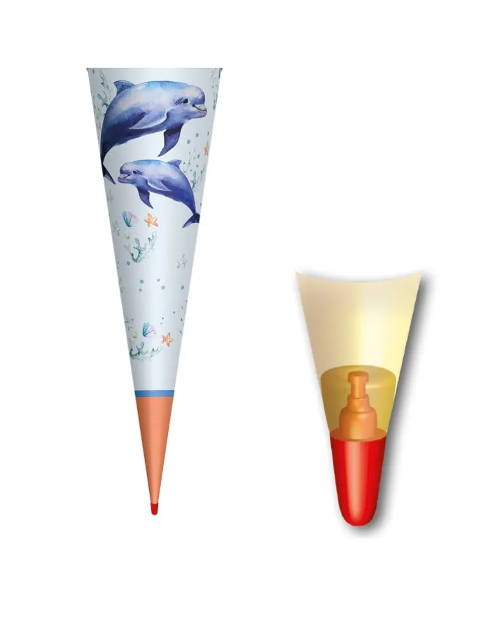 Schultüte Lieblingsstück Delfin Duo 70 cm, Stoffverschluss in Hellblau