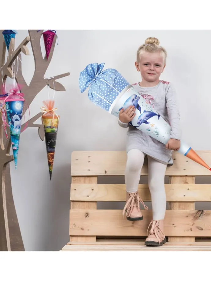 Schultüte Lieblingsstück Delfin Duo 70 cm, Stoffverschluss in Hellblau