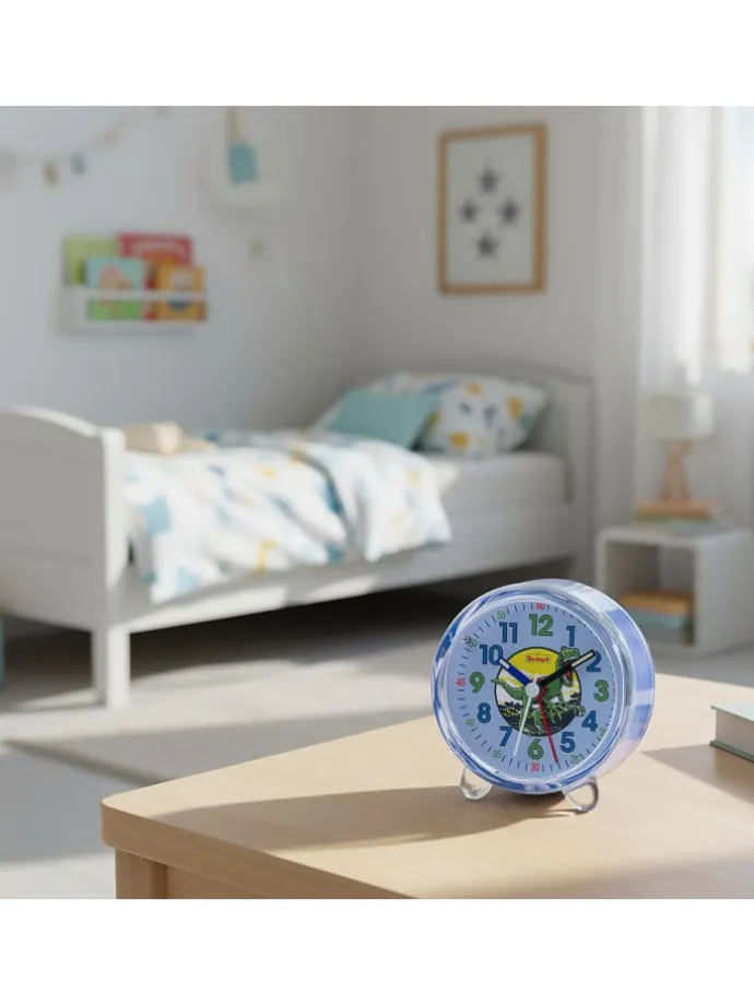 Scout Wecker analog mit blauem Gehäuse, Lernziffernblatt und Dino-Motiv in blau