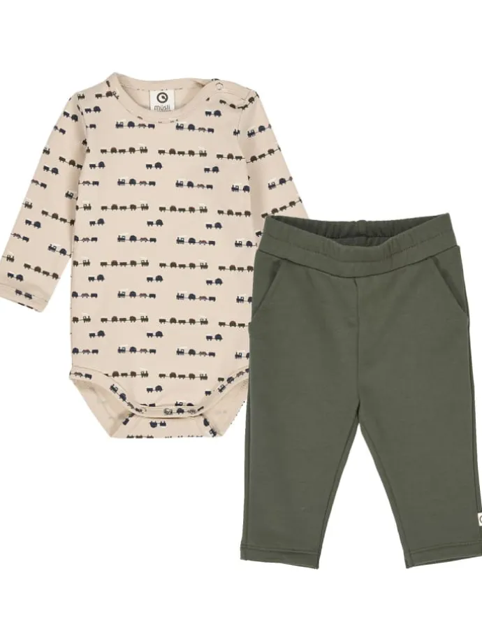 Set aus Langarmbody und Babyhose in Oak/ Root/ Deep green