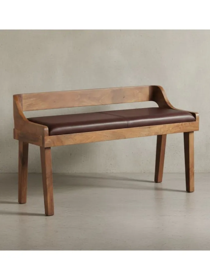Sitzbank | Echtleder/Holz, 108x63x43cm, Rückenlehne