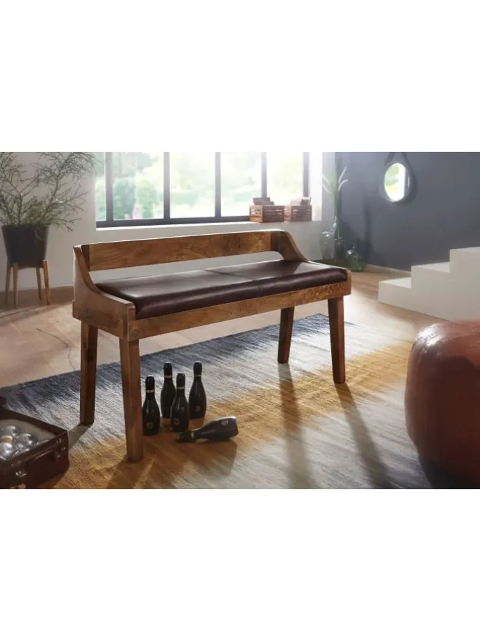 Sitzbank | Echtleder/Holz, 108x63x43cm, Rückenlehne