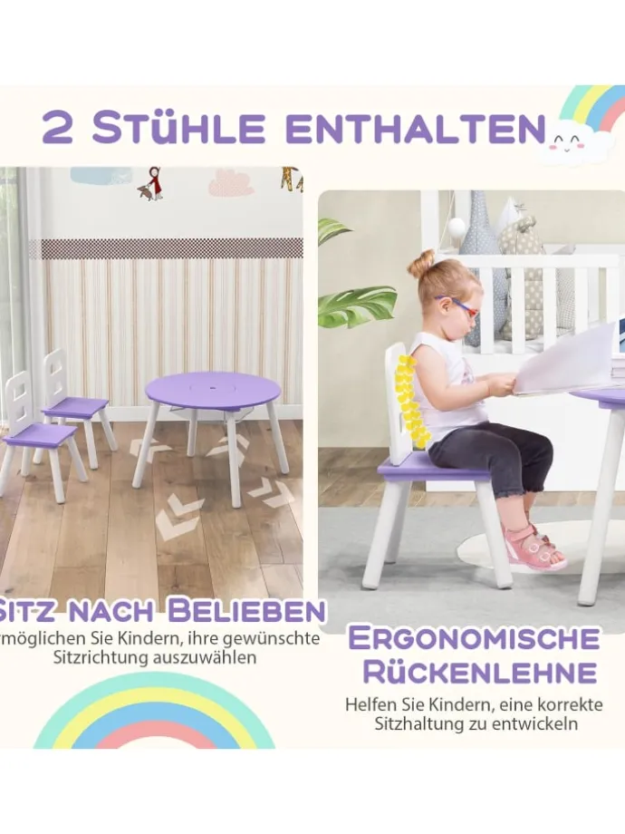 Sitzgruppe 3 tlg. Set ab 3 Jahren mit Kiefernholzbeinen in Lila
