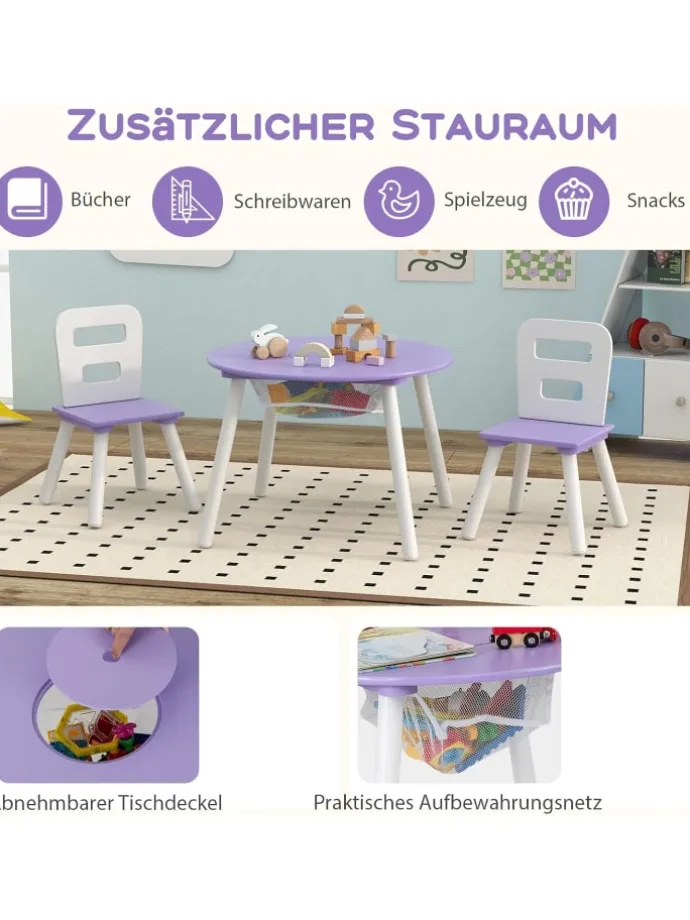 Sitzgruppe 3 tlg. Set ab 3 Jahren mit Kiefernholzbeinen in Lila