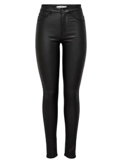 Skinny Jeans Leder Optik High Waist Stretch Coated Denim Pants in Schwarz