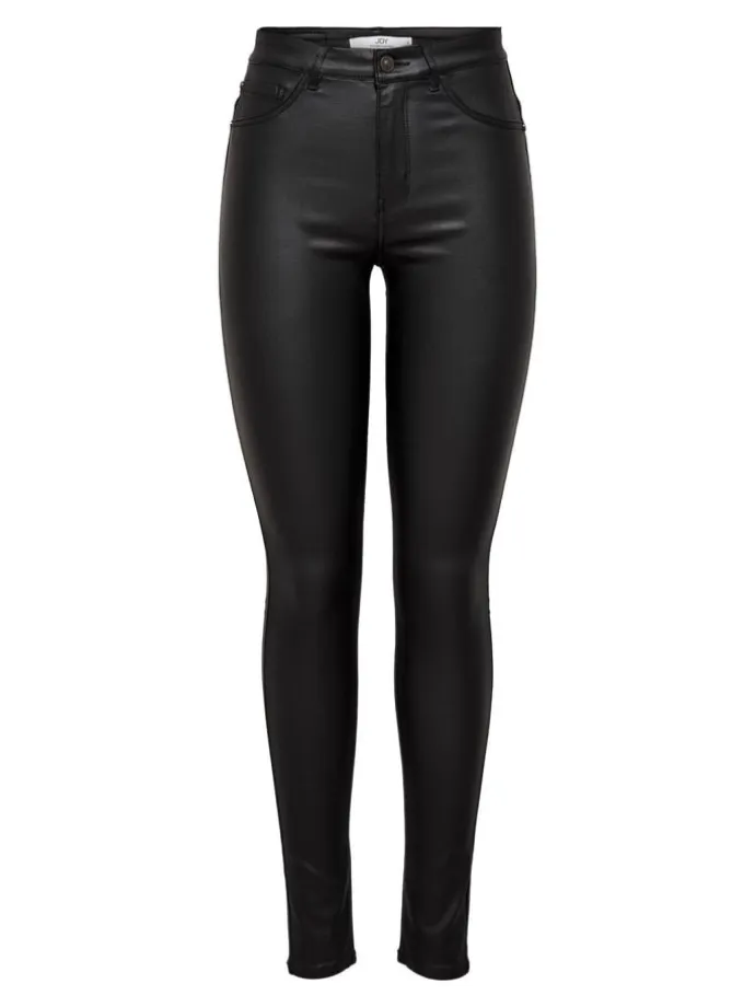 Skinny Jeans Leder Optik High Waist Stretch Coated Denim Pants in Schwarz