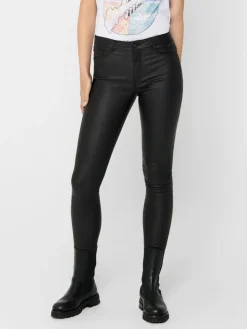 Skinny Jeans Leder Optik High Waist Stretch Coated Denim Pants in Schwarz