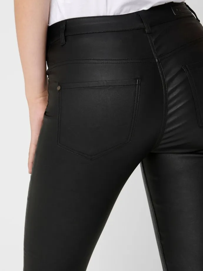 Skinny Jeans Leder Optik High Waist Stretch Coated Denim Pants in Schwarz