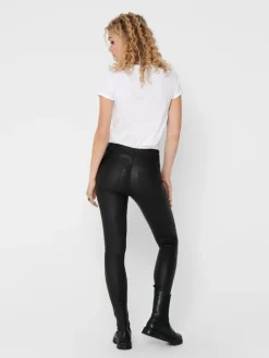 Skinny Jeans Leder Optik High Waist Stretch Coated Denim Pants in Schwarz