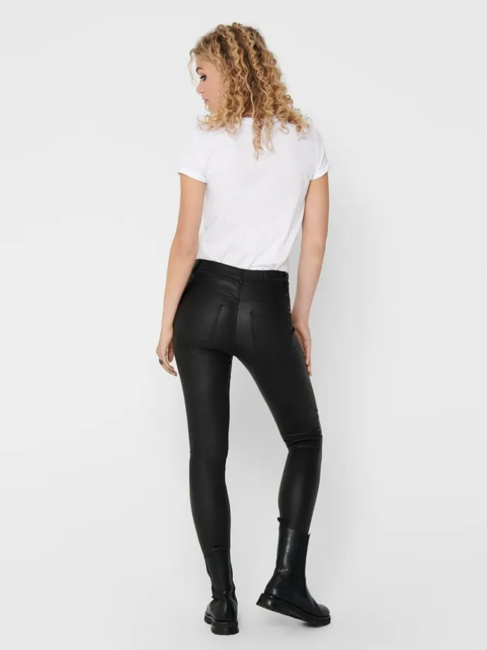 Skinny Jeans Leder Optik High Waist Stretch Coated Denim Pants in Schwarz