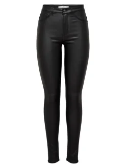 Skinny Jeans Leder Optik High Waist Stretch Coated Denim Pants in Schwarz