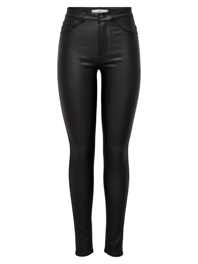 Skinny Jeans Leder Optik High Waist Stretch Coated Denim Pants in Schwarz