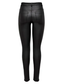 Skinny Jeans Leder Optik High Waist Stretch Coated Denim Pants in Schwarz