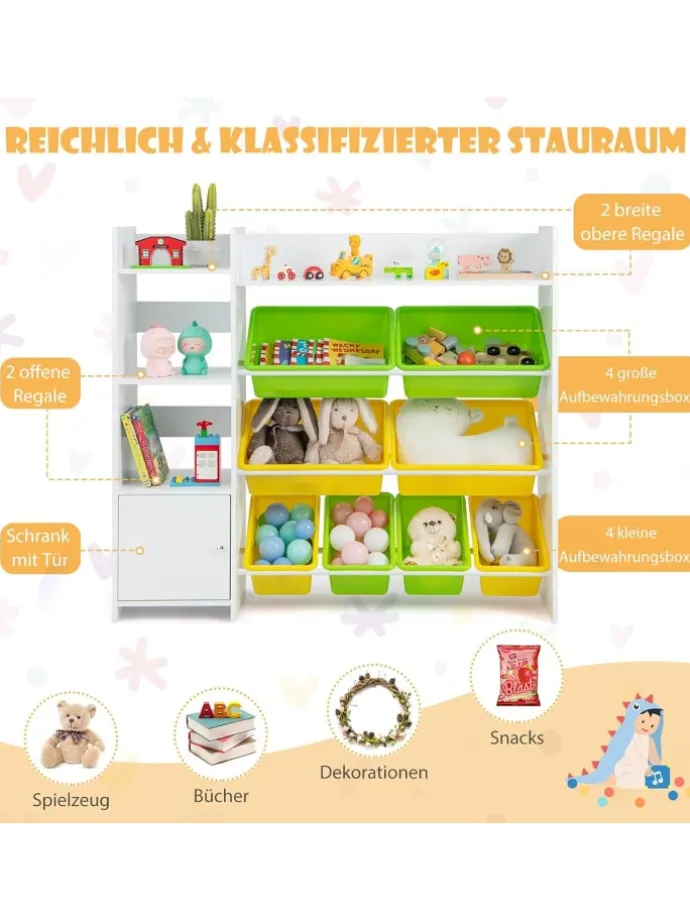 Spielzeugregal mit 8 Aufbewahrungsboxen in Weiß
