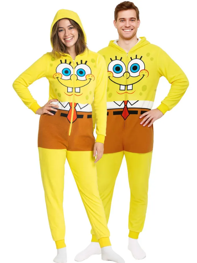 SpongeBob Schwammkopf Kostüm Overall Kapuze Onesie Jumpsuit Einteiler in gelb
