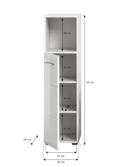 Standschrank hoch in Weiß/Weiß Hochglanz - (B) 30 x (H) 110 x (T) 30