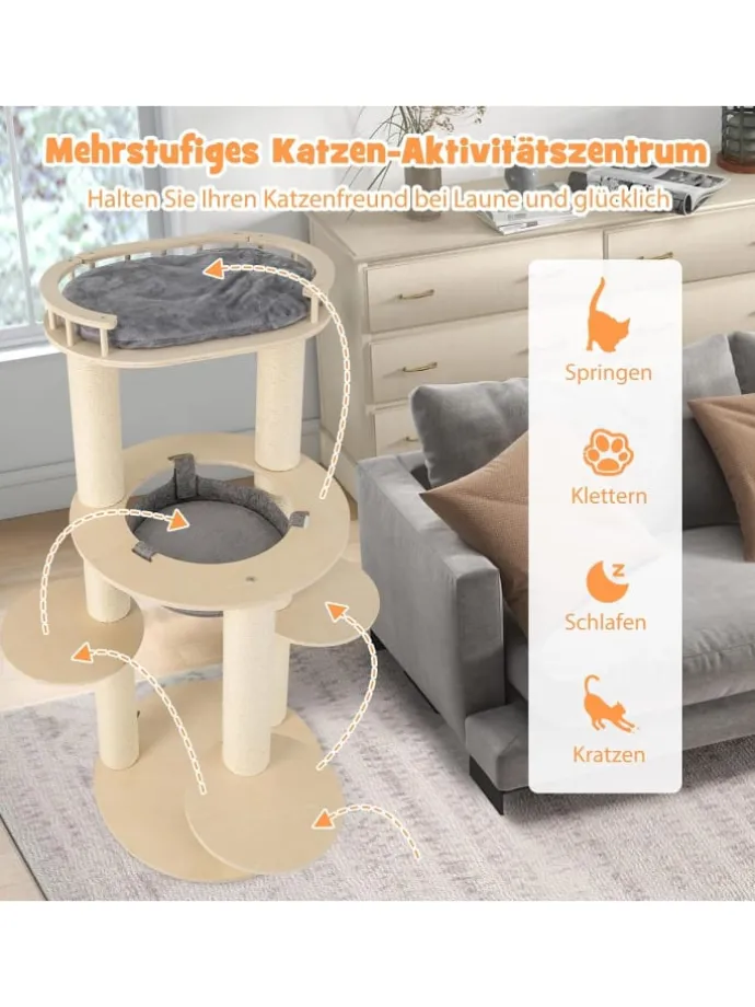 6-stöckiger Kratzbaum Holz in Beige