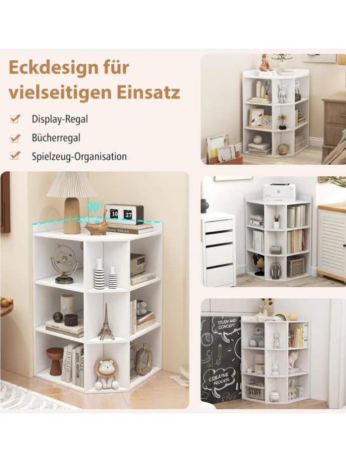 3-stöckiges Eck-Bücherregal mit Ladestation in Weiß