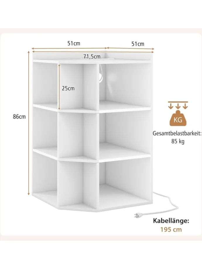 3-stöckiges Eck-Bücherregal mit Ladestation in Weiß