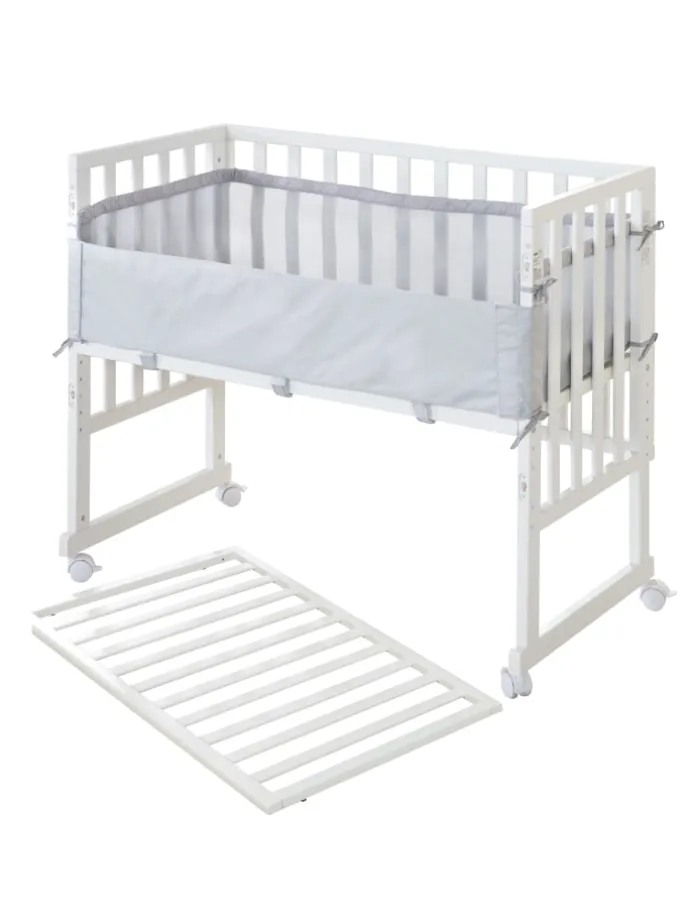 Stuben- & Beistellbett 3in1 weiß + Matratze, Mesh-Nestchen & Barriere