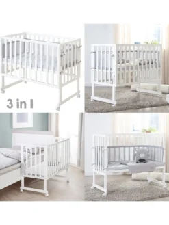 Stuben- & Beistellbett 3in1 weiß + Matratze, Mesh-Nestchen & Barriere