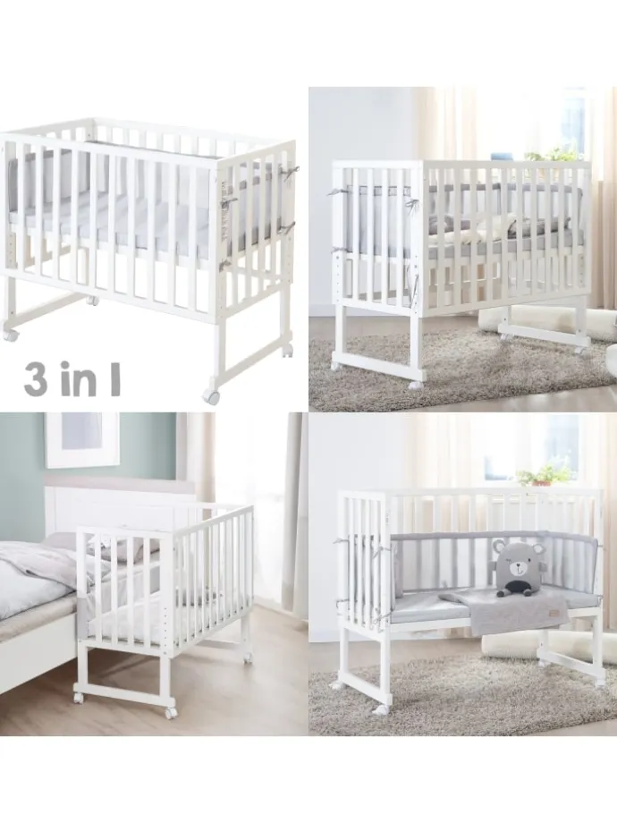 Stuben- & Beistellbett 3in1 weiß + Matratze, Mesh-Nestchen & Barriere