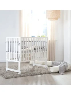 Stuben- & Beistellbett 3in1 weiß + Matratze, Mesh-Nestchen & Barriere