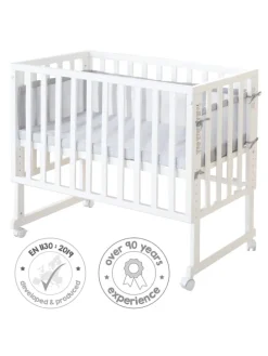 Stuben- & Beistellbett 3in1 weiß + Matratze, Mesh-Nestchen & Barriere