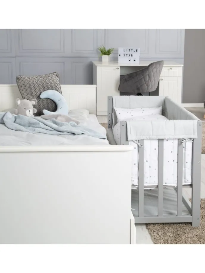 Stubenbett 3 in 1, Beistellbett ‚Sternenzauber grau, Babybett, Kinderbank, taupe