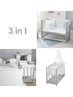 Stubenbett 3 in 1, Beistellbett ‚Sternenzauber grau, Babybett, Kinderbank, taupe