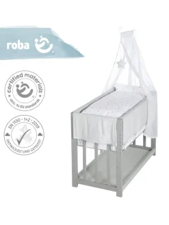 Stubenbett 3 in 1, Beistellbett ‚Sternenzauber grau, Babybett, Kinderbank, taupe