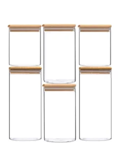 6-teiliges Glas Vorratsdosen-Set mit Bambusdeckel in Transparent