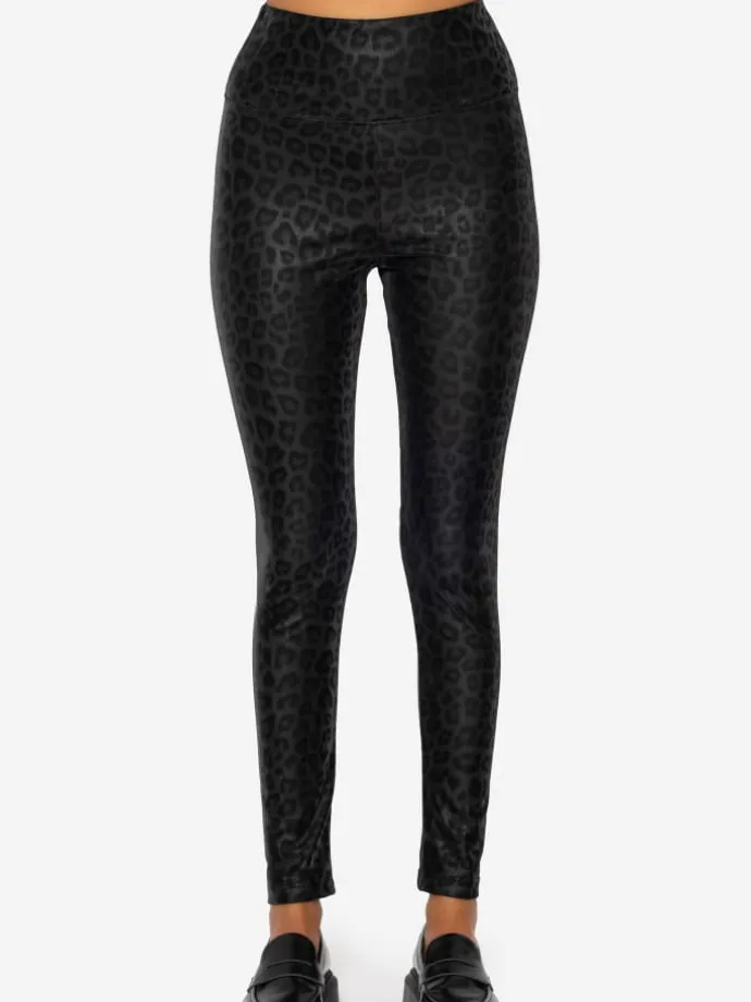Thermo Kunstleder Leggings mit Leo Print in Schwarz