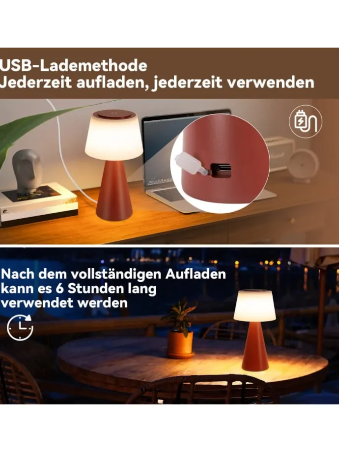 Tischleuchte LED in rot Touch Dimmbar 3600mhA Kabellos Akku