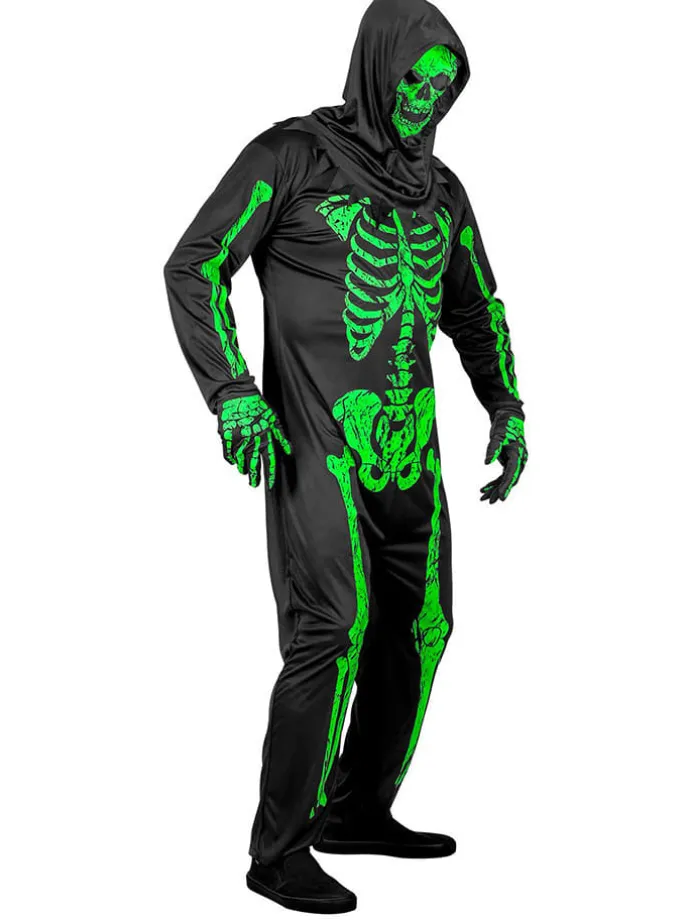 3tlg. Kostüm "NEON SKELETT" in Schwarz/ Grün