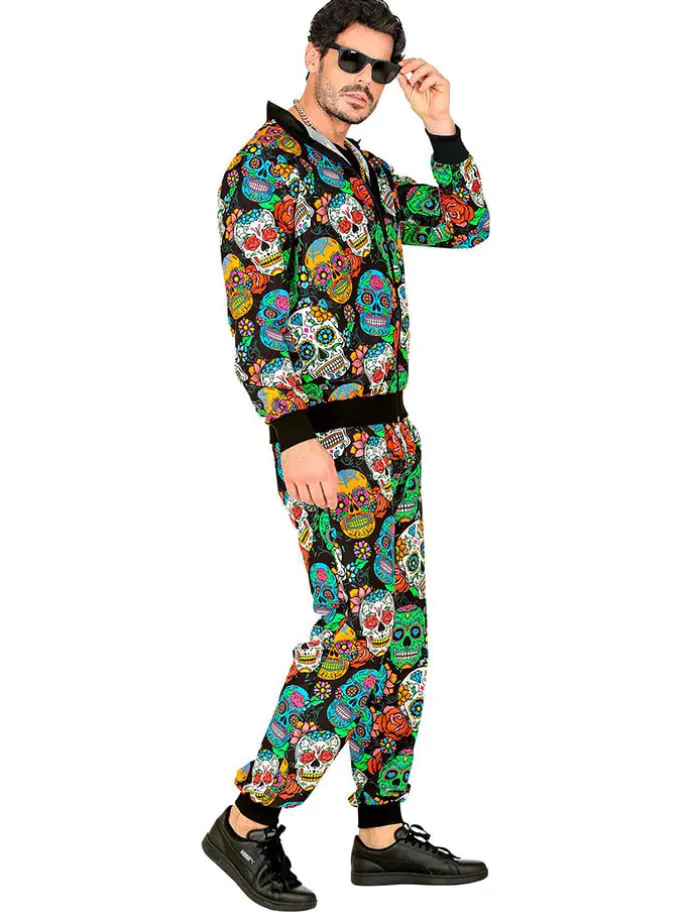 2tlg. Kostüm "PARTY FASHION TRAININGSANZUG DIA DE LOS MUERTOS" in Schwarz/ Bunt